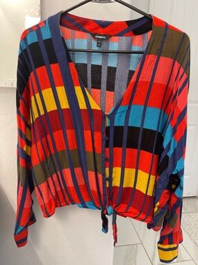 Express Women's Multicolor Striped Tie-Front Blouse - Red, Blue, Yellow